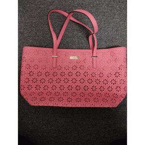 Kate Spade Tote Bag Pink Laser Cut Floral Perforated Leather Zip Shoulder Purse